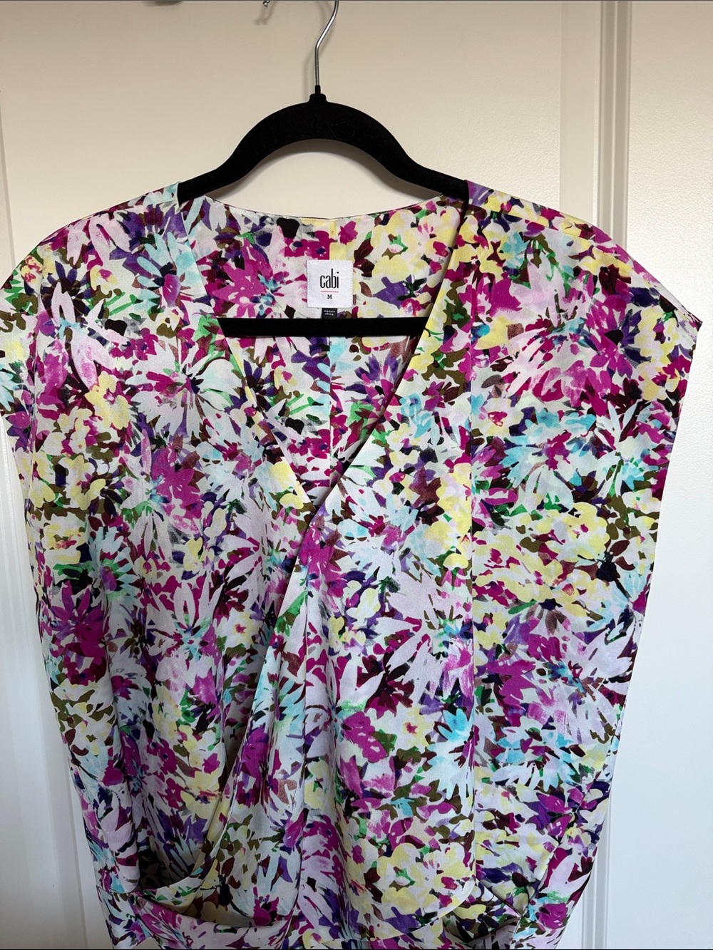 CAbi Purple Multi Floral Sleeveless Wrap Top-size medium